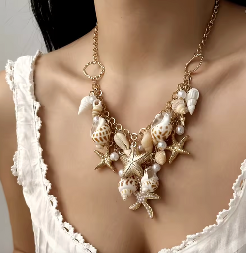 Boho Ocean Starfish & Conch Tassel Multilayer Necklace